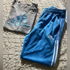 Adidas Sky Blue and white stripe  Pants with sky, blue and gray T-shirt.